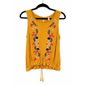 Xhilaration Boho Embroidered Tank Top Mustard Yellow Womens Large Tie Hem Rayon